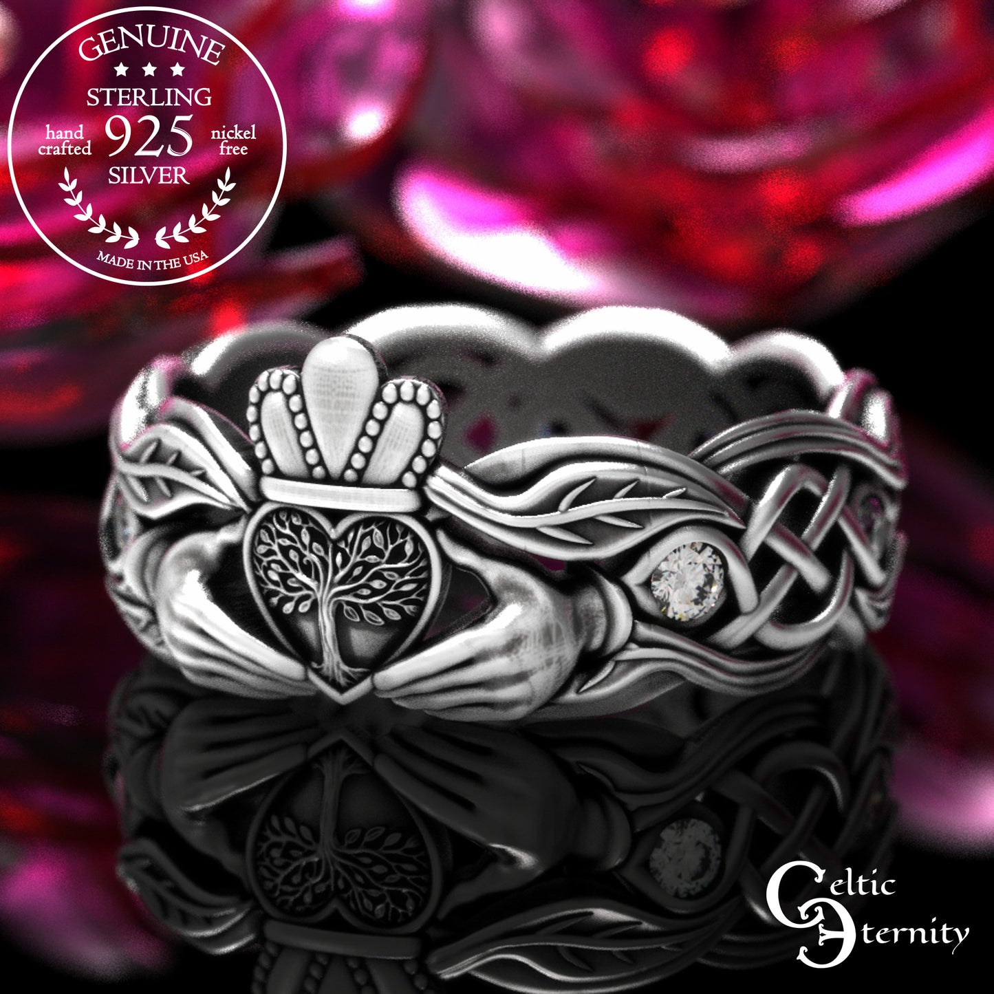 Woman's Sterling & Emerald Botanical Claddagh Wedding Band, 2041