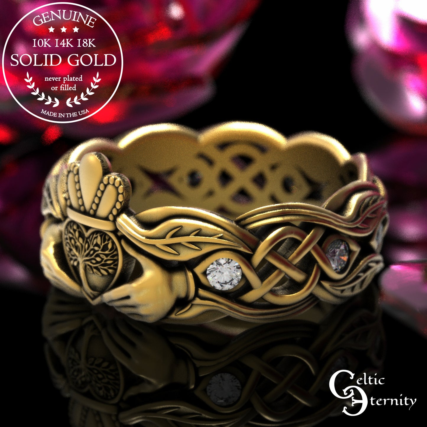 Women's Gold or Platinum Irish Forest Claddagh Wedding Band, 2041