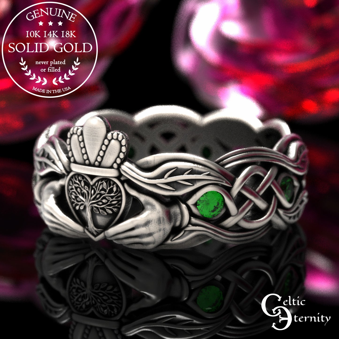 Women's Gold or Platinum Irish Forest Claddagh Wedding Band, 2041