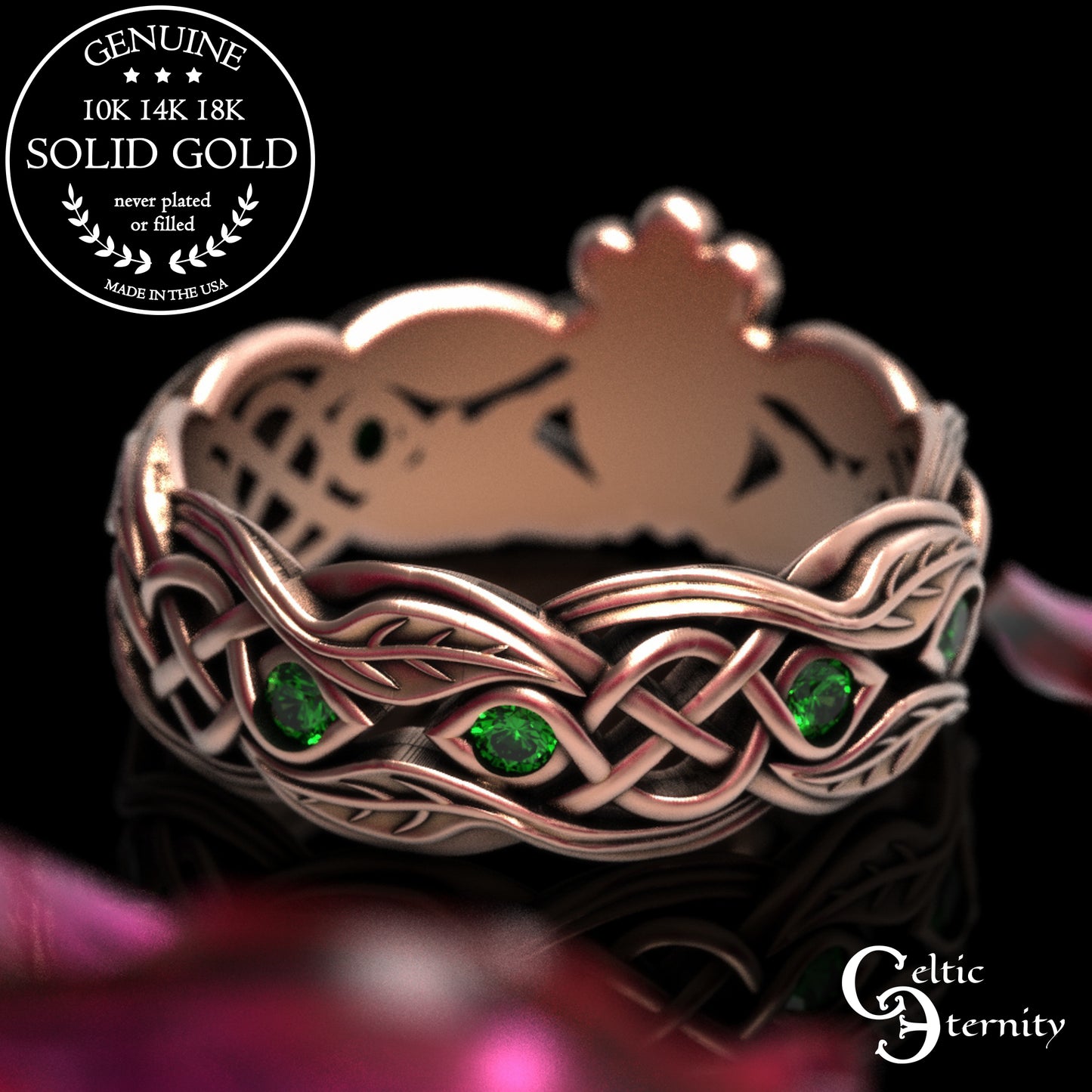 Women's Gold or Platinum Irish Forest Claddagh Wedding Band, 2041