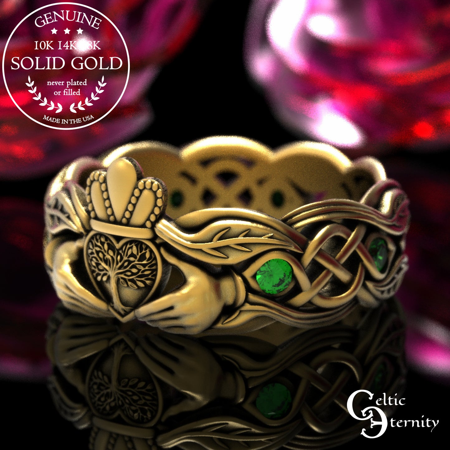 Women's Gold or Platinum Irish Forest Claddagh Wedding Band, 2041