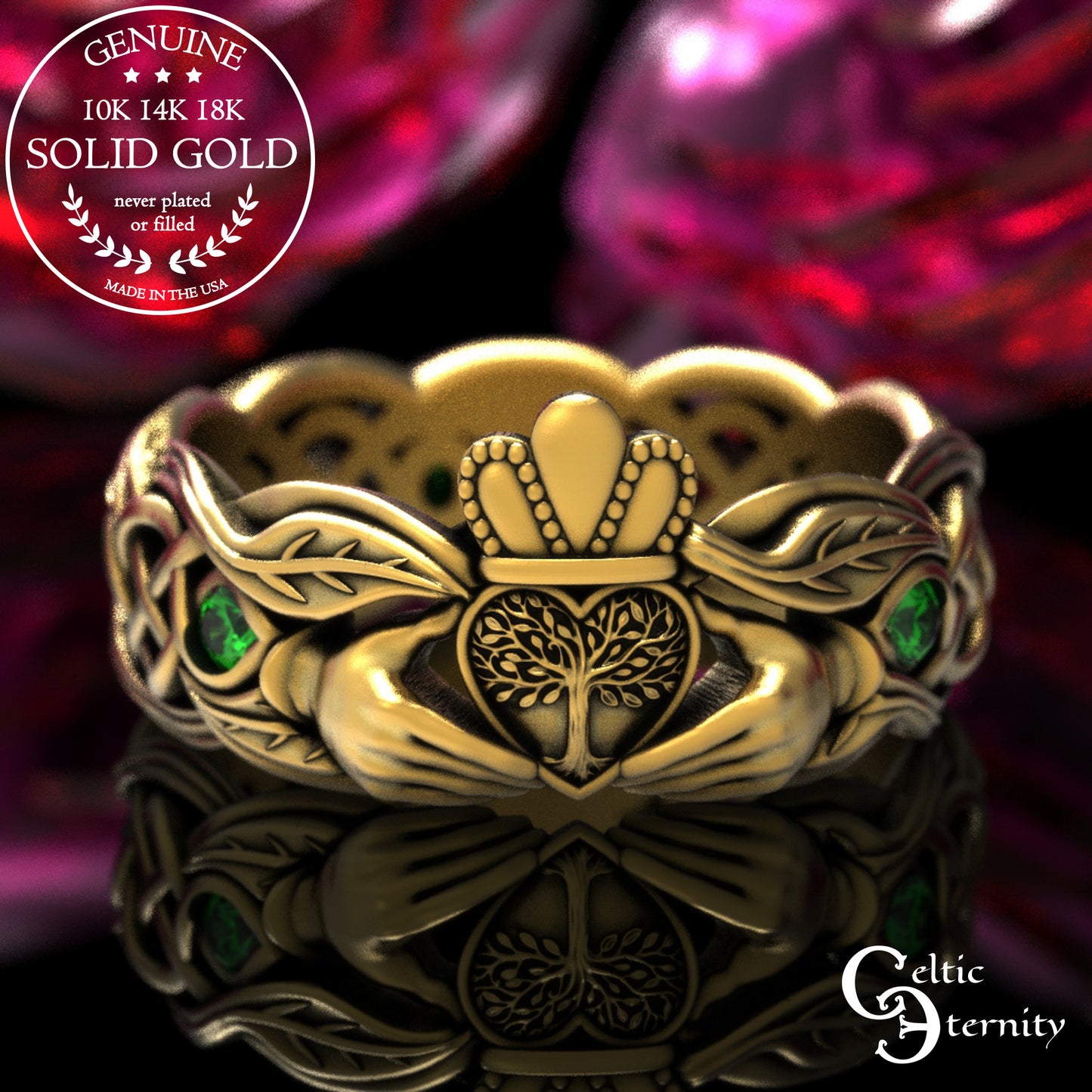Women's Gold or Platinum Irish Forest Claddagh Wedding Band, 2041