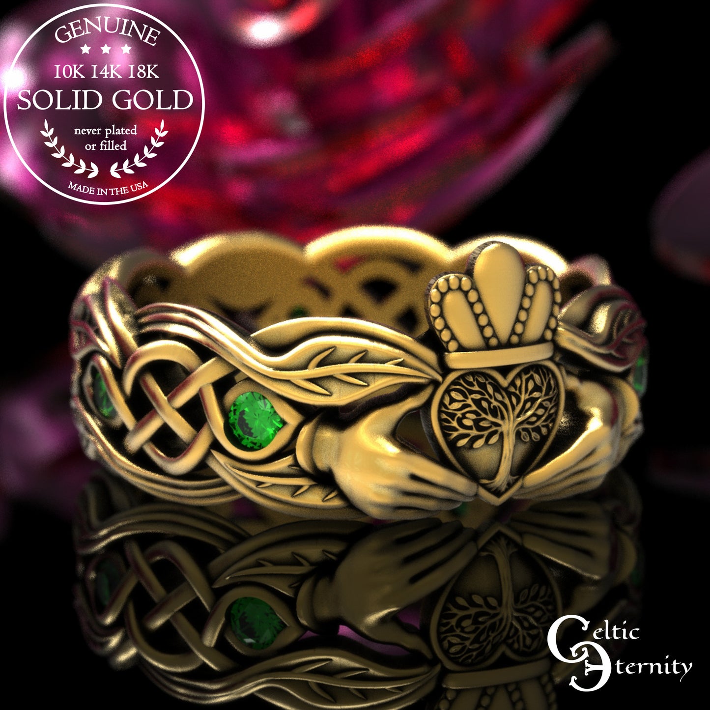 Women's Gold or Platinum Irish Forest Claddagh Wedding Band, 2041
