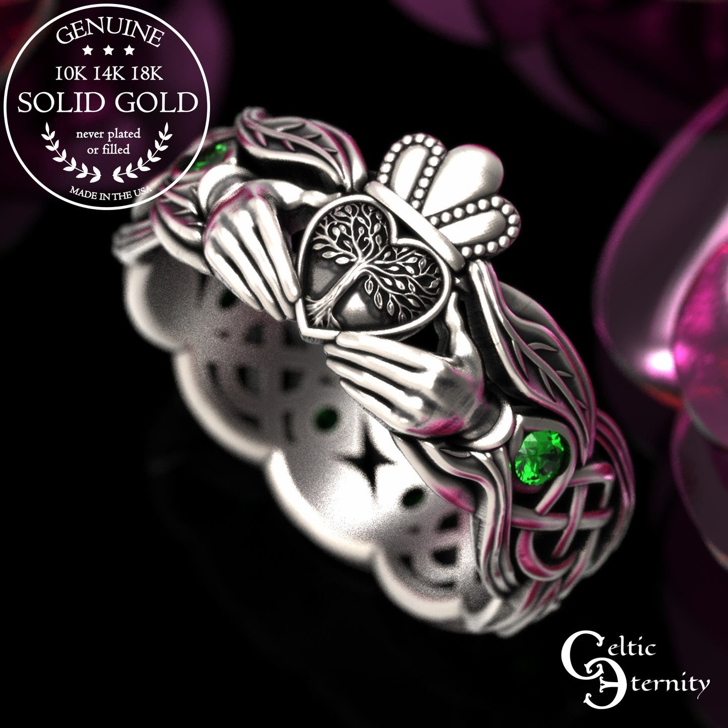 Women's Gold or Platinum Irish Forest Claddagh Wedding Band, 2041