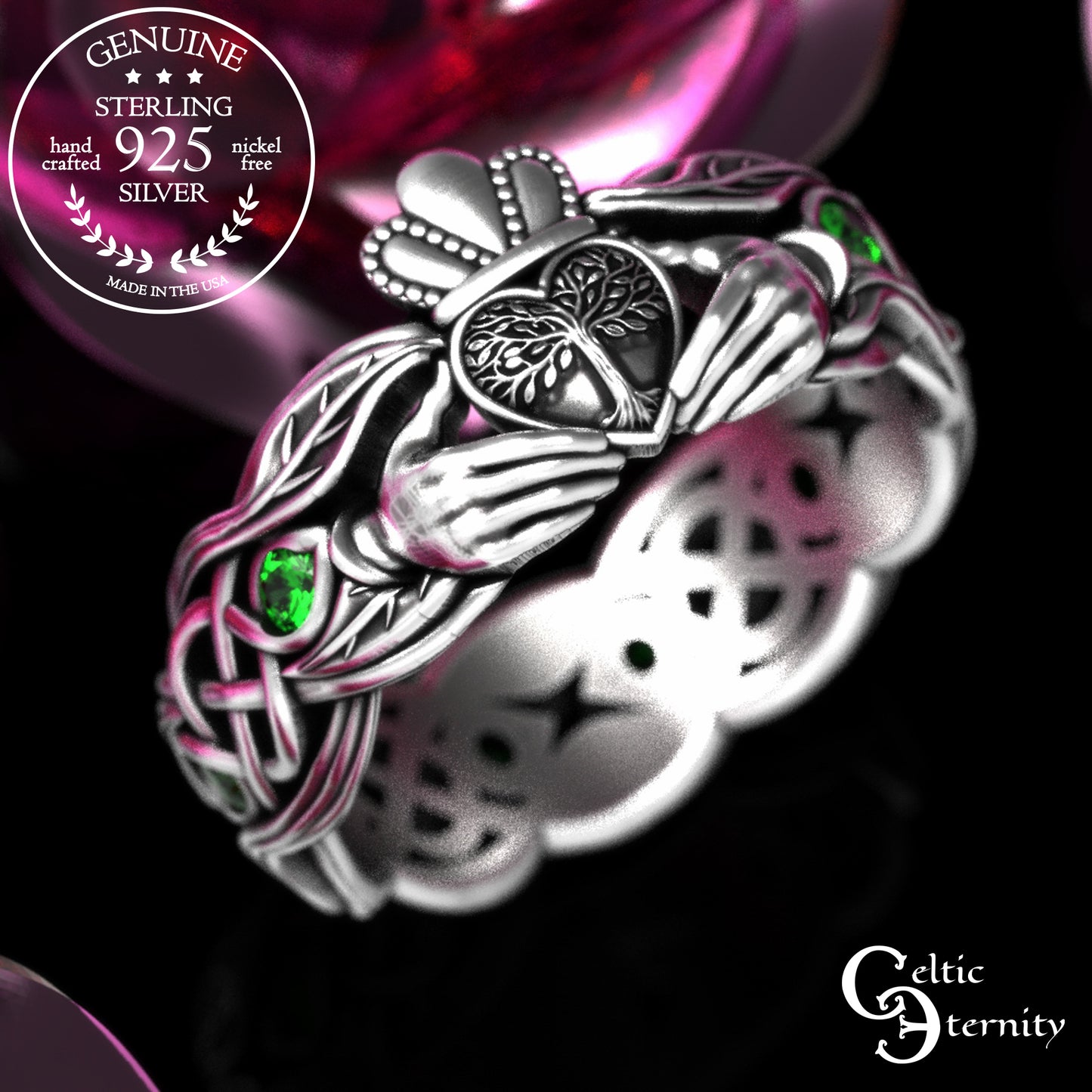 Woman's Sterling & Emerald Botanical Claddagh Wedding Band, 2041