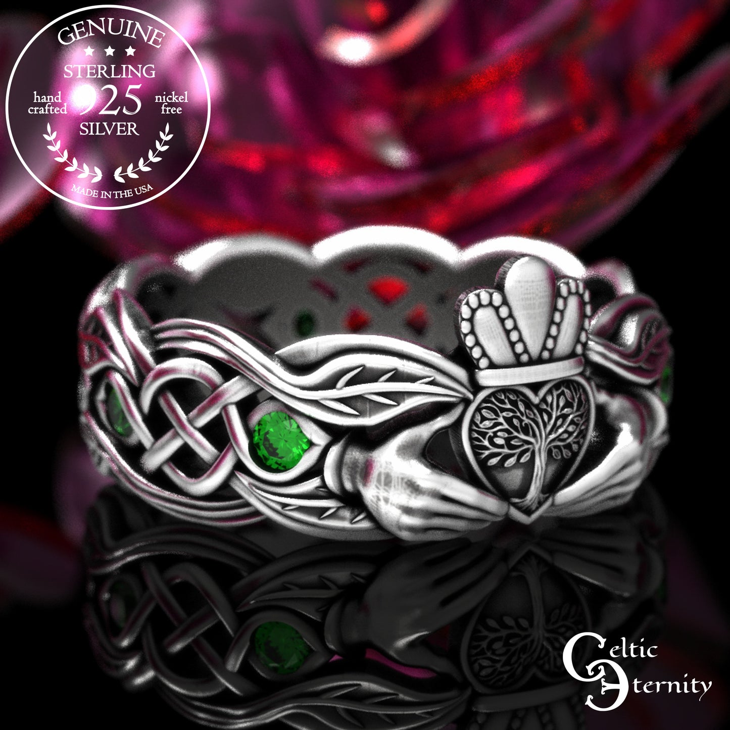 Woman's Sterling & Emerald Botanical Claddagh Wedding Band, 2041