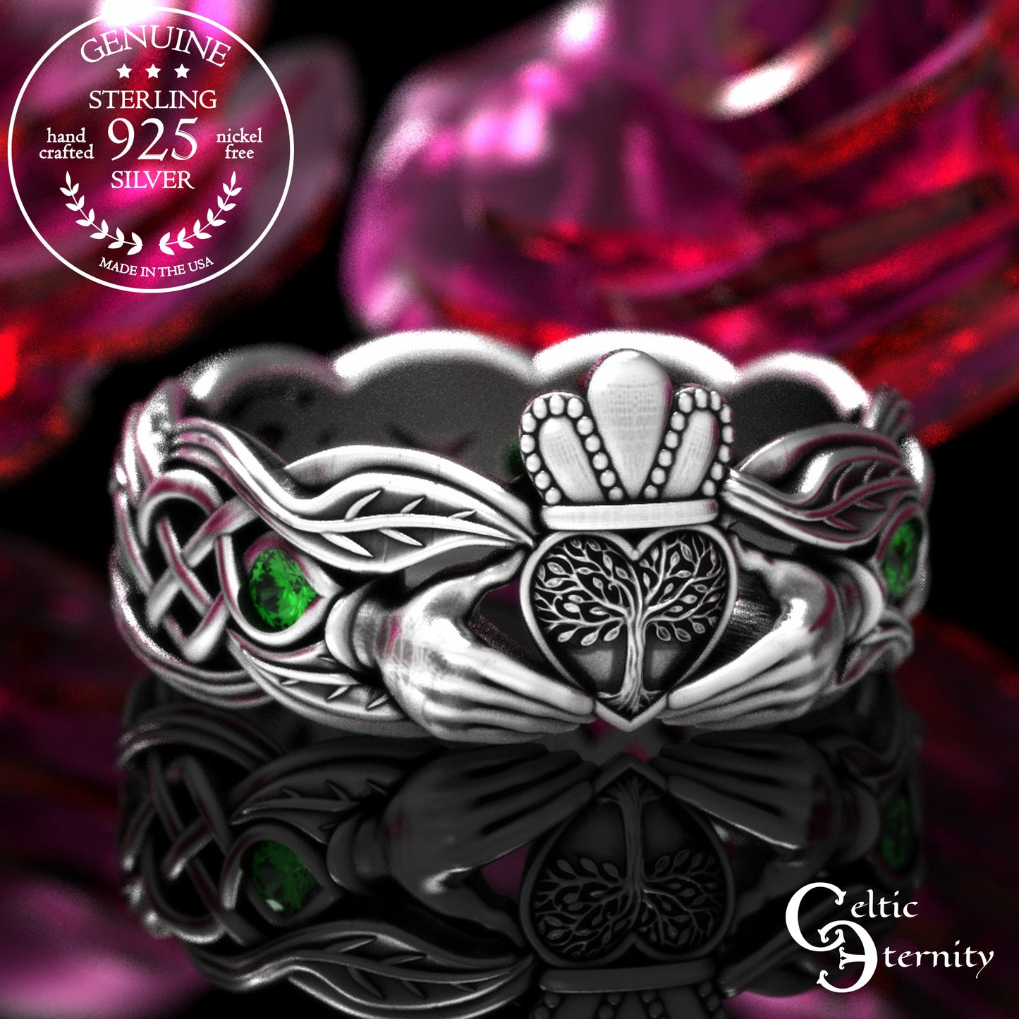 Woman's Sterling & Emerald Botanical Claddagh Wedding Band, 2041