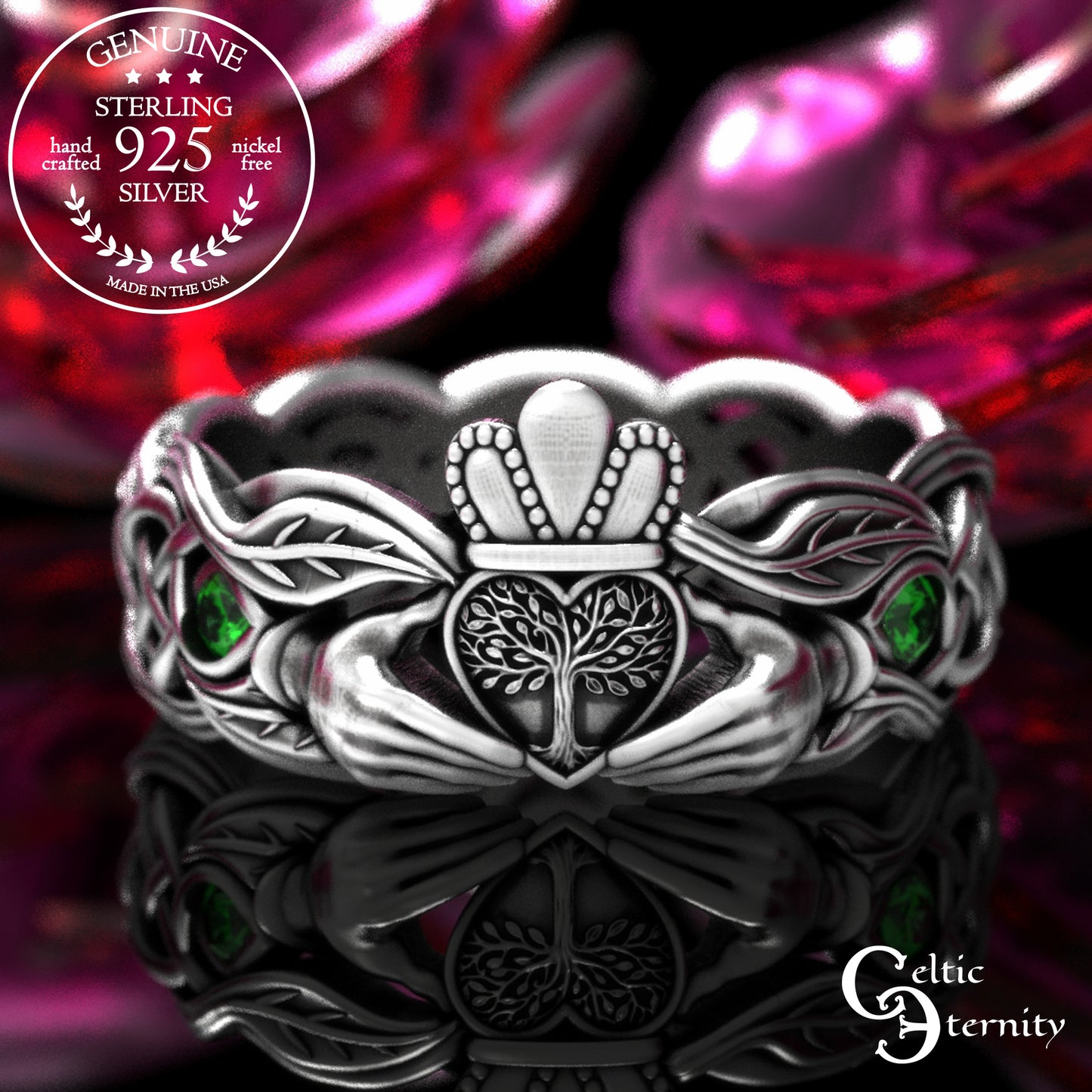 Woman's Sterling & Emerald Botanical Claddagh Wedding Band, 2041