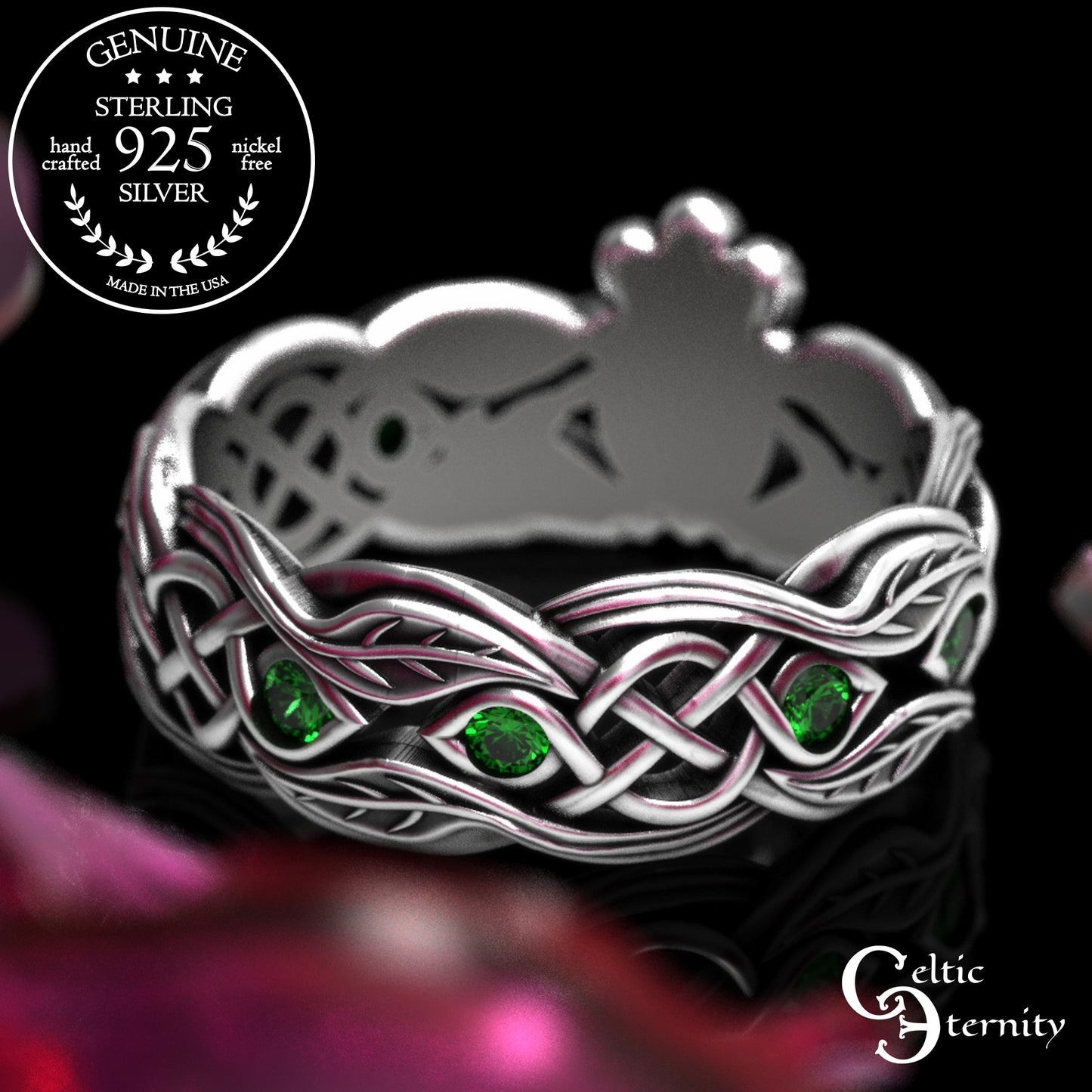 Woman's Sterling & Emerald Botanical Claddagh Wedding Band, 2041