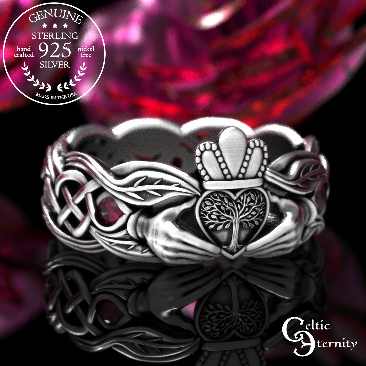 Woman's Sterling & Emerald Botanical Claddagh Wedding Band, 2041