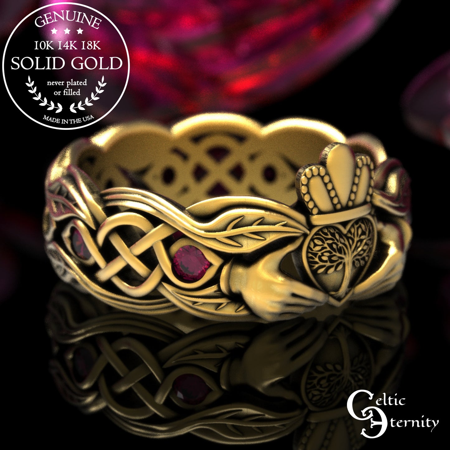 Women's Gold or Platinum Irish Forest Claddagh Wedding Band, 2041
