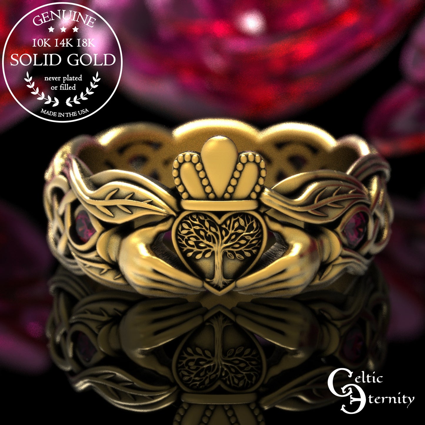 Women's Gold or Platinum Irish Forest Claddagh Wedding Band, 2041