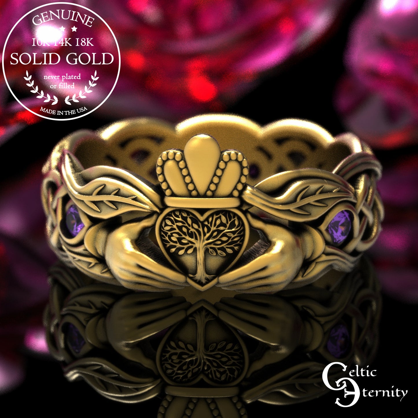 Women's Gold or Platinum Irish Forest Claddagh Wedding Band, 2041