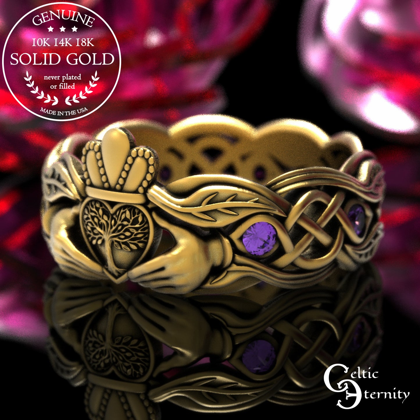 Women's Gold or Platinum Irish Forest Claddagh Wedding Band, 2041