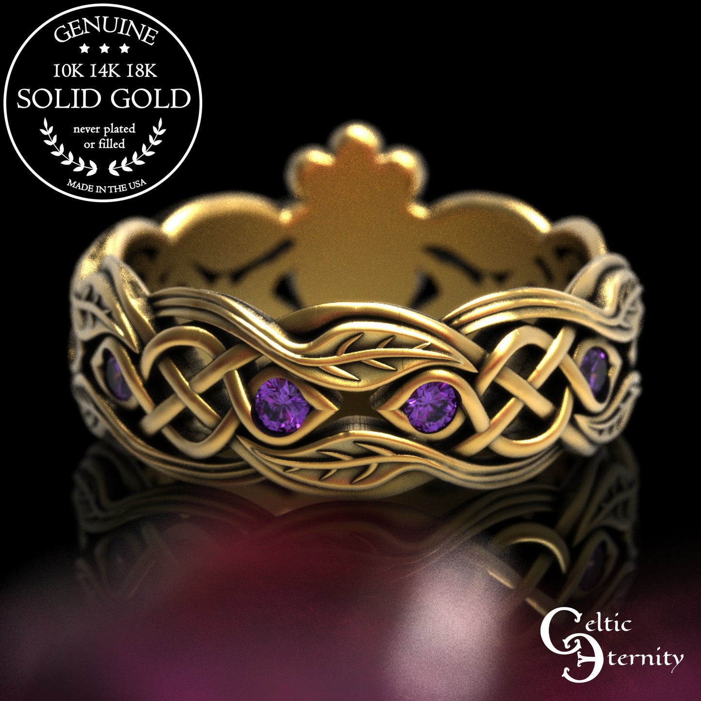 Women's Gold or Platinum Irish Forest Claddagh Wedding Band, 2041