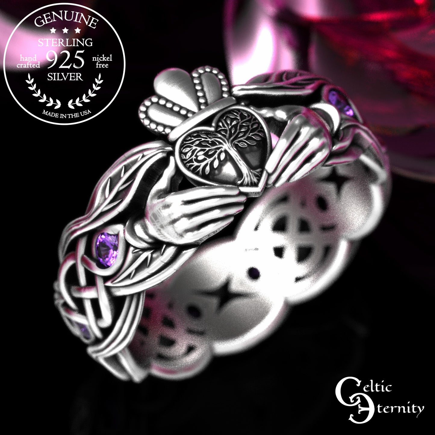 Woman's Sterling & Emerald Botanical Claddagh Wedding Band, 2041
