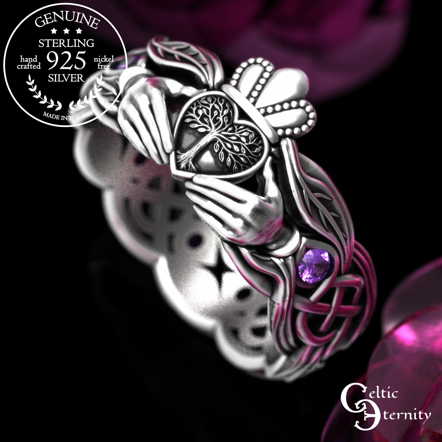 Woman's Sterling & Emerald Botanical Claddagh Wedding Band, 2041