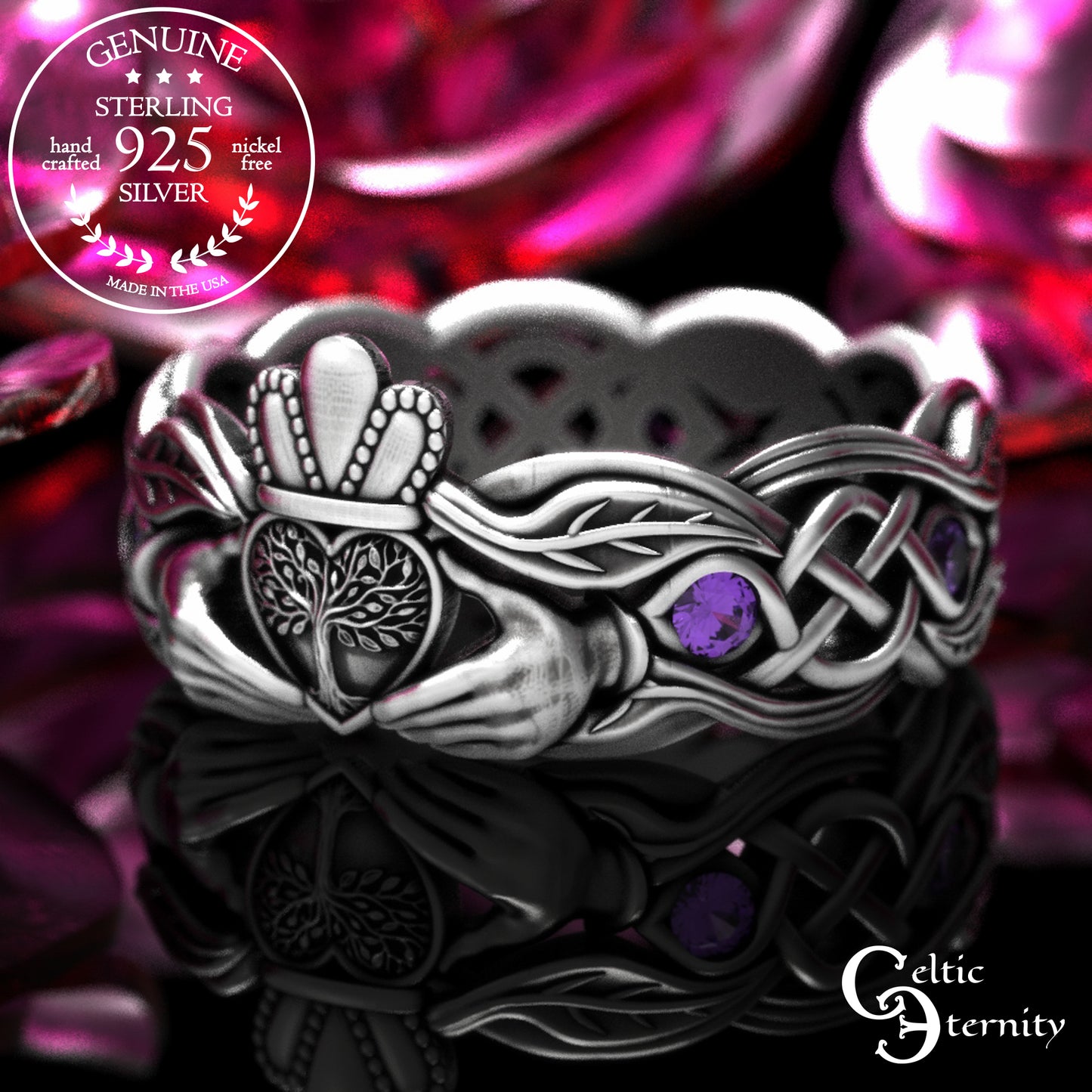 Woman's Sterling & Emerald Botanical Claddagh Wedding Band, 2041