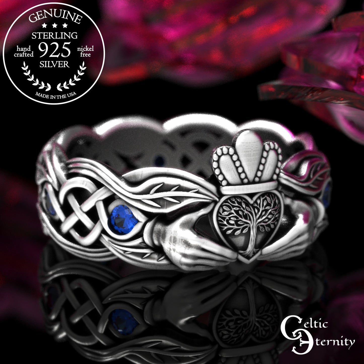 Woman's Sterling & Emerald Botanical Claddagh Wedding Band, 2041