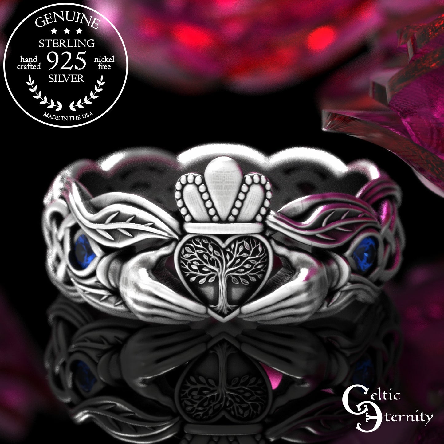 Woman's Sterling & Emerald Botanical Claddagh Wedding Band, 2041