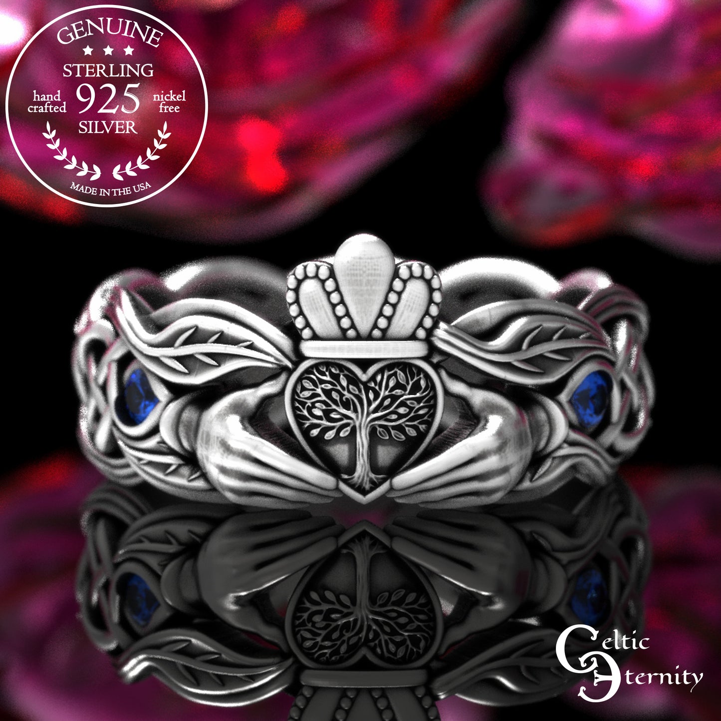 Woman's Sterling & Emerald Botanical Claddagh Wedding Band, 2041
