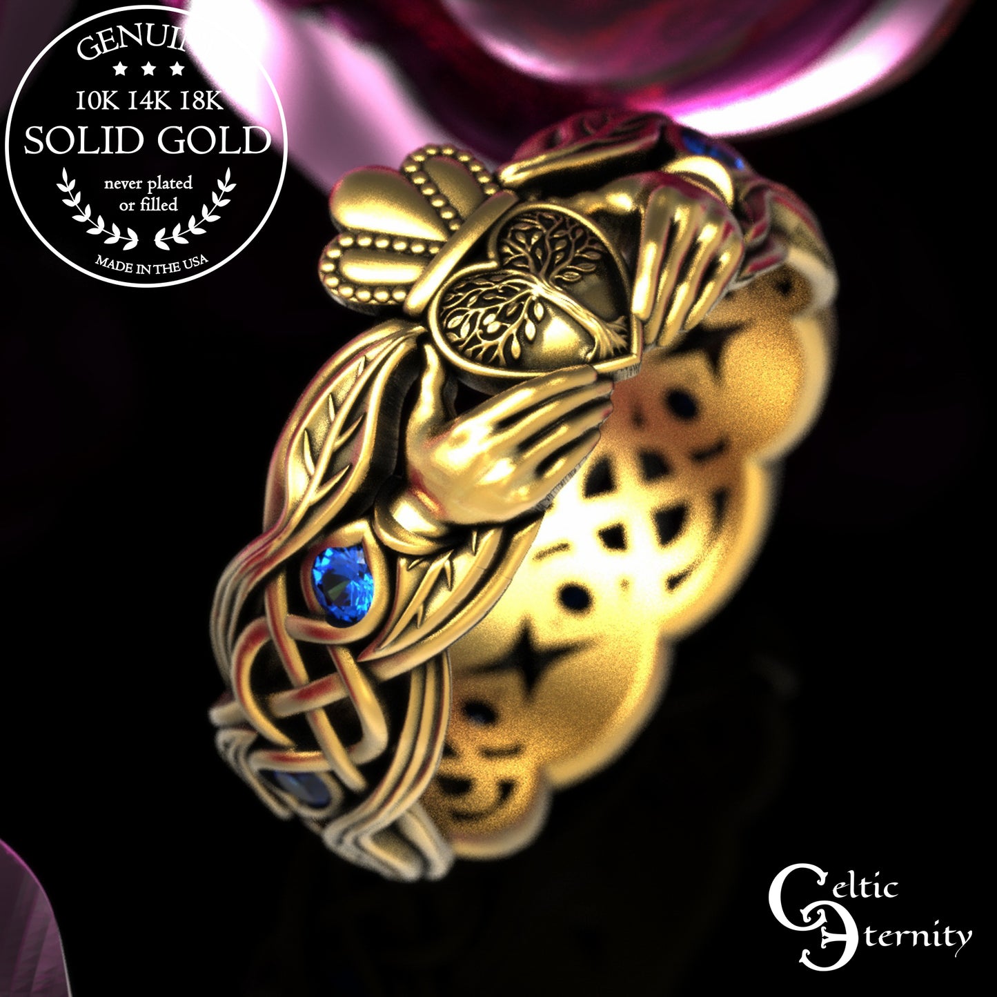 Women's Gold or Platinum Irish Forest Claddagh Wedding Band, 2041