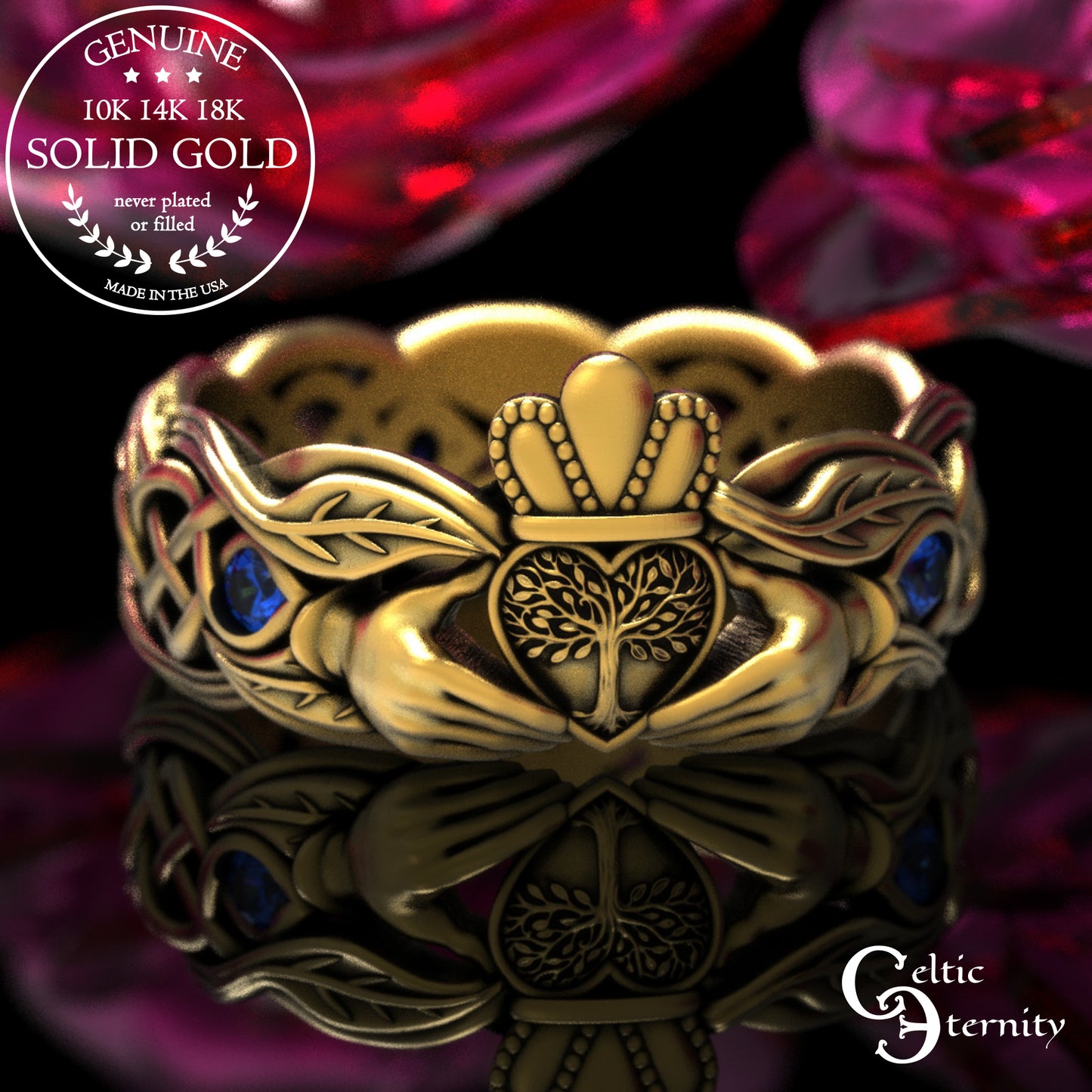 Women's Gold or Platinum Irish Forest Claddagh Wedding Band, 2041