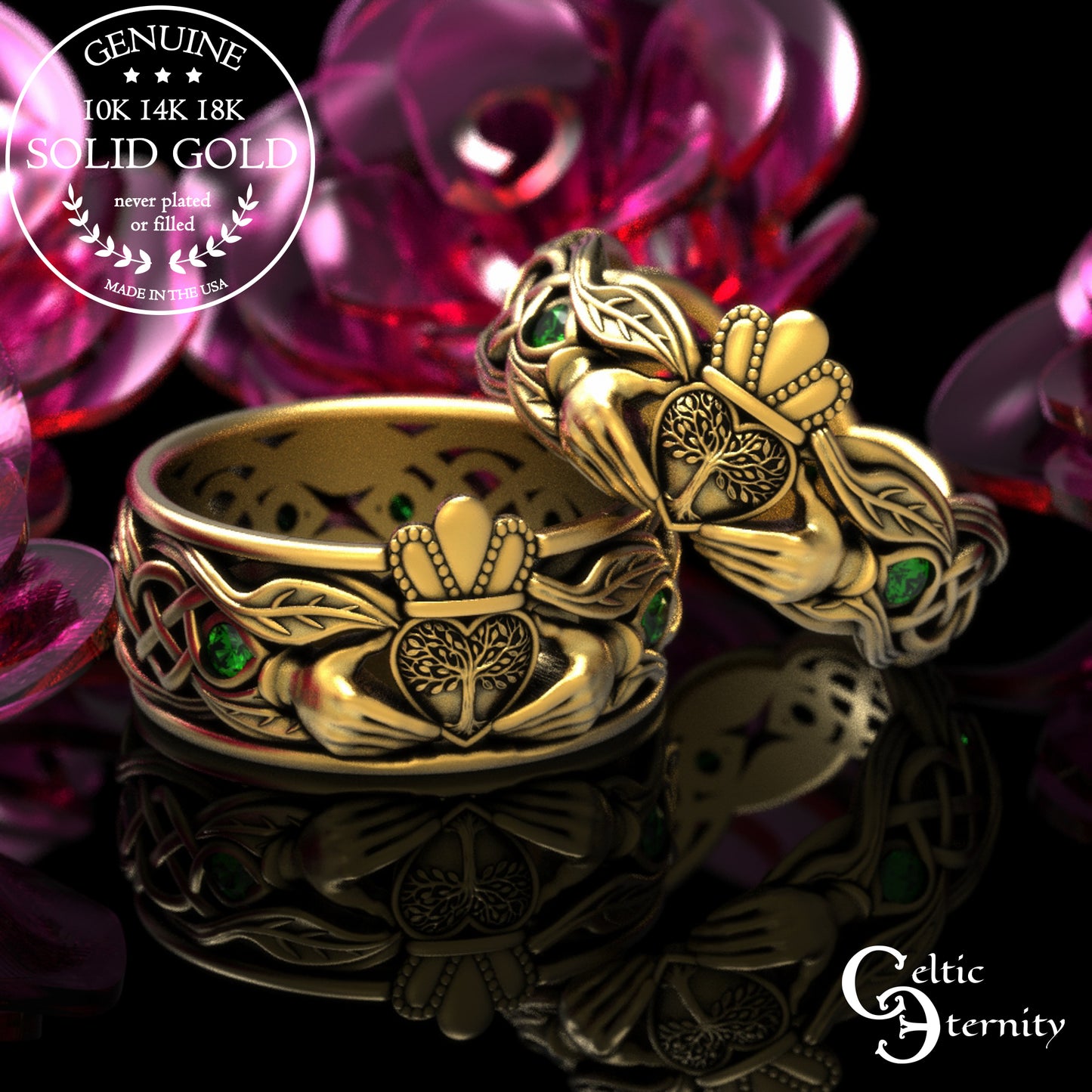 Woman's Sterling & Emerald Botanical Claddagh Wedding Band, 2041