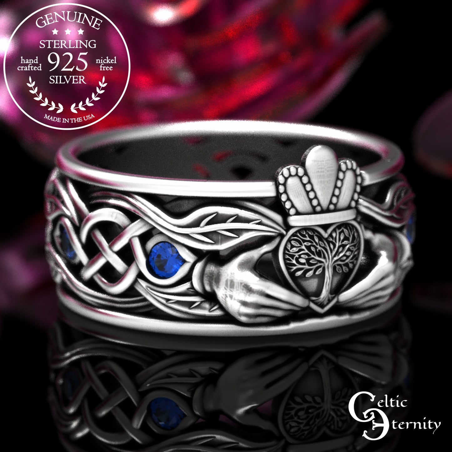 Sterling Men's Sapphire Tree Heart Claddagh Wedding Band, 2042