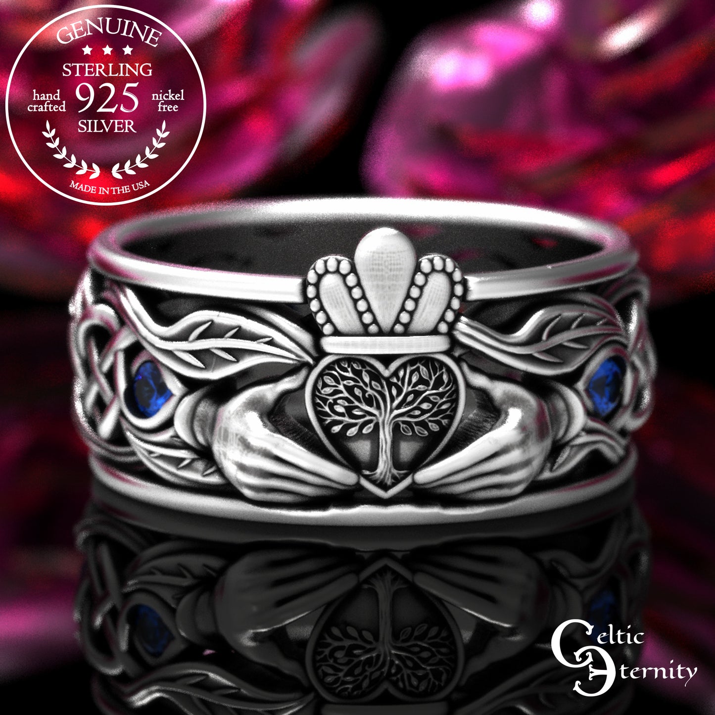 Sterling Men's Sapphire Tree Heart Claddagh Wedding Band, 2042