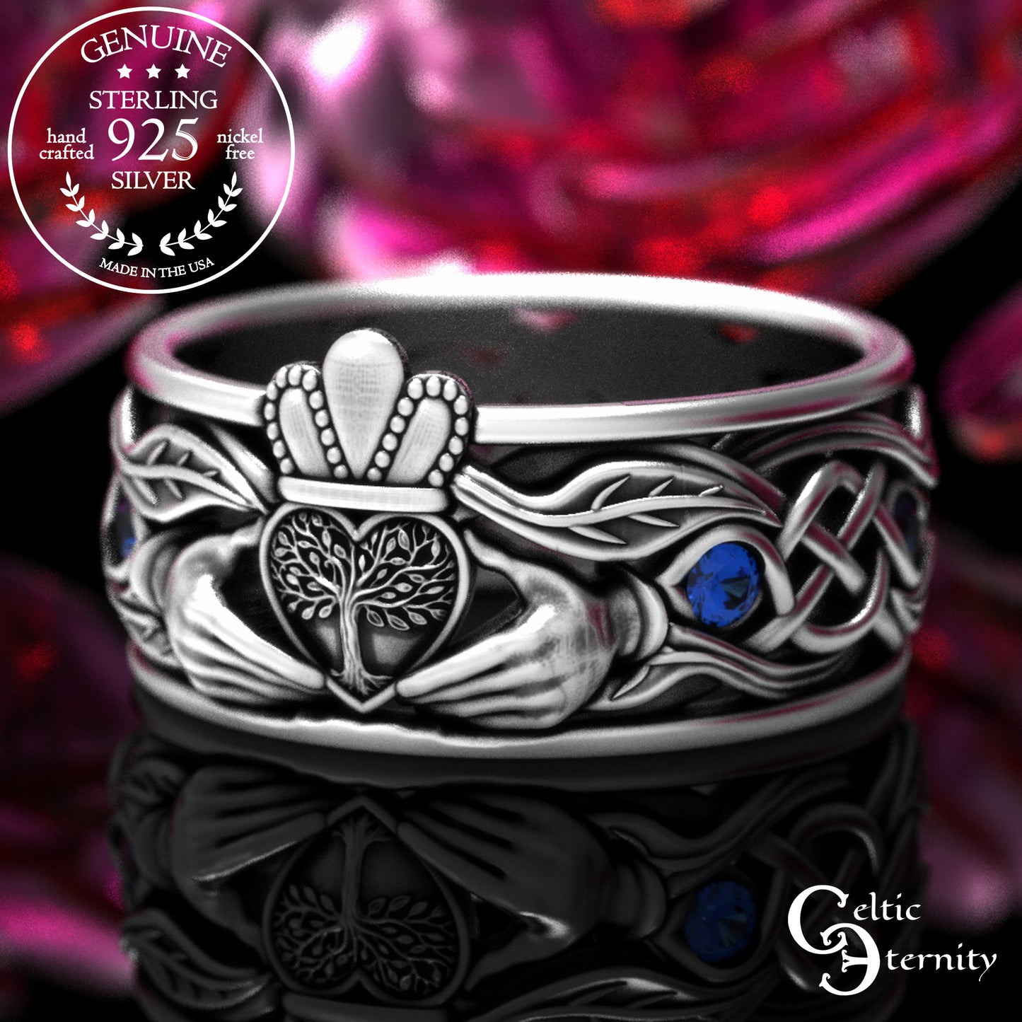 Sterling Men's Sapphire Tree Heart Claddagh Wedding Band, 2042