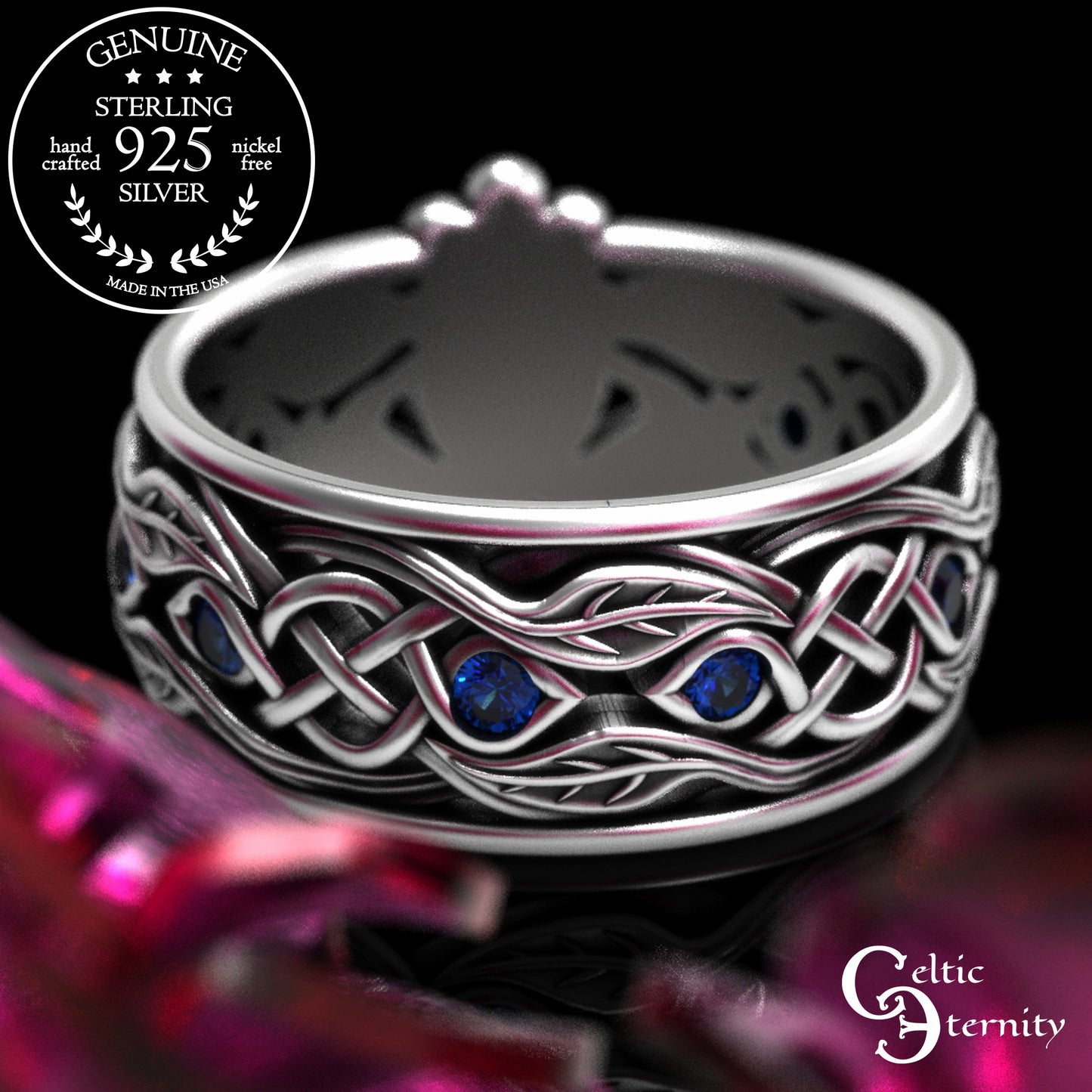 Sterling Men's Sapphire Tree Heart Claddagh Wedding Band, 2042