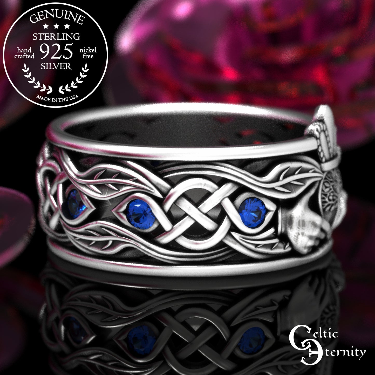 Sterling Men's Sapphire Tree Heart Claddagh Wedding Band, 2042