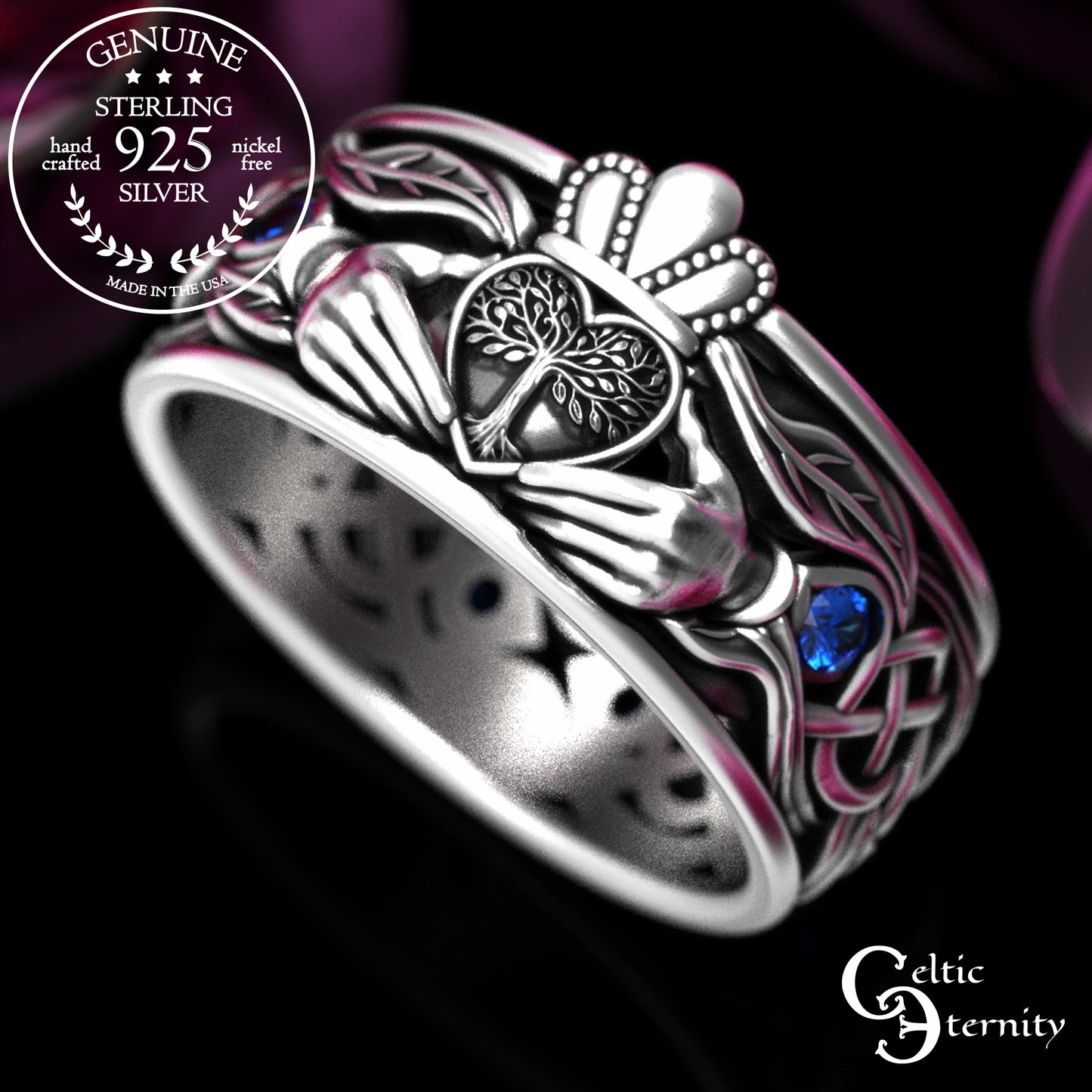 Sterling Men's Sapphire Tree Heart Claddagh Wedding Band, 2042
