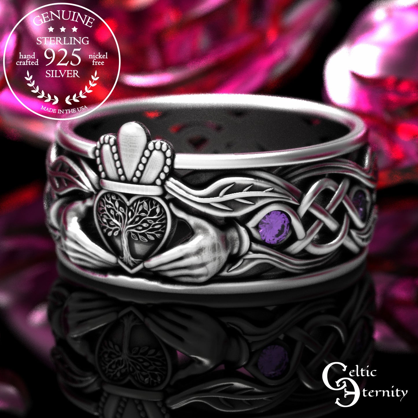 Sterling Men's Sapphire Tree Heart Claddagh Wedding Band, 2042