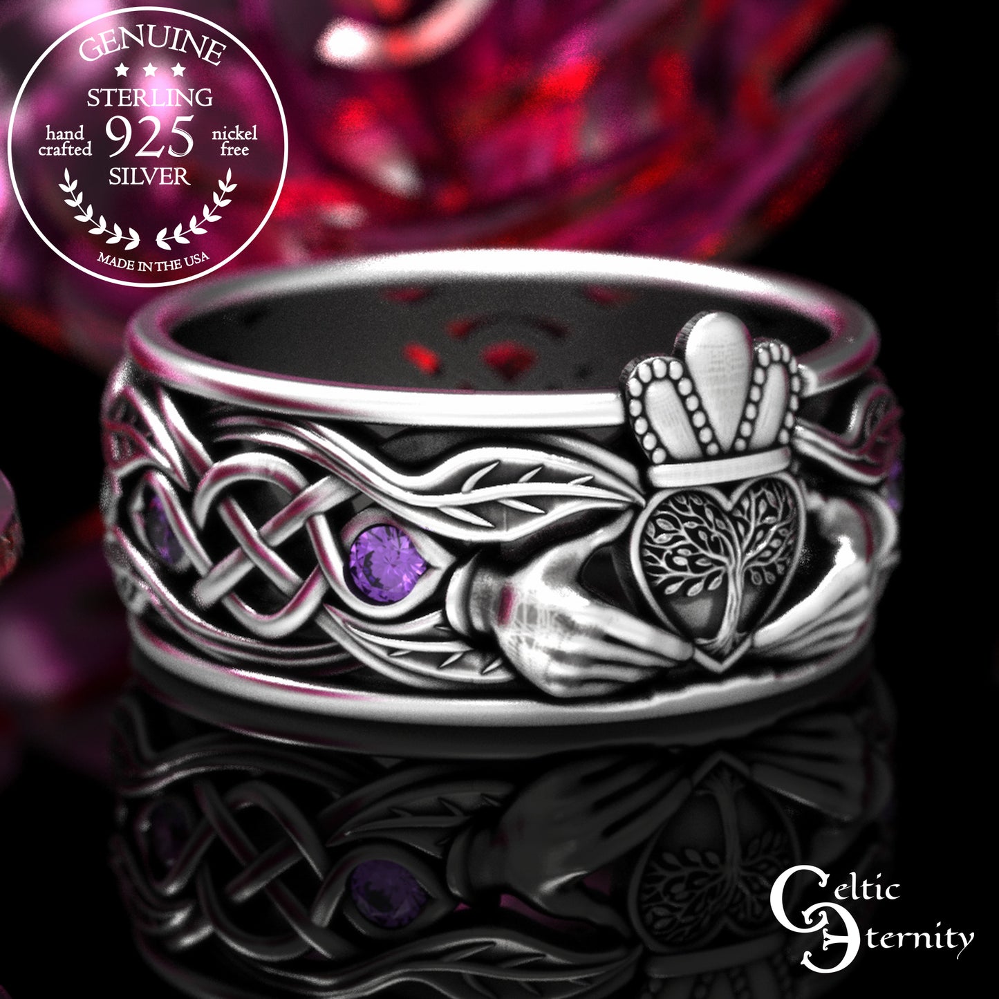 Sterling Men's Sapphire Tree Heart Claddagh Wedding Band, 2042