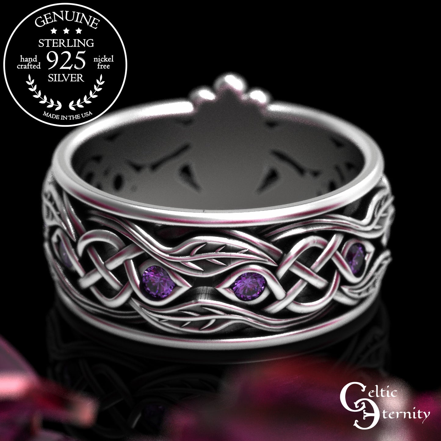 Sterling Men's Sapphire Tree Heart Claddagh Wedding Band, 2042