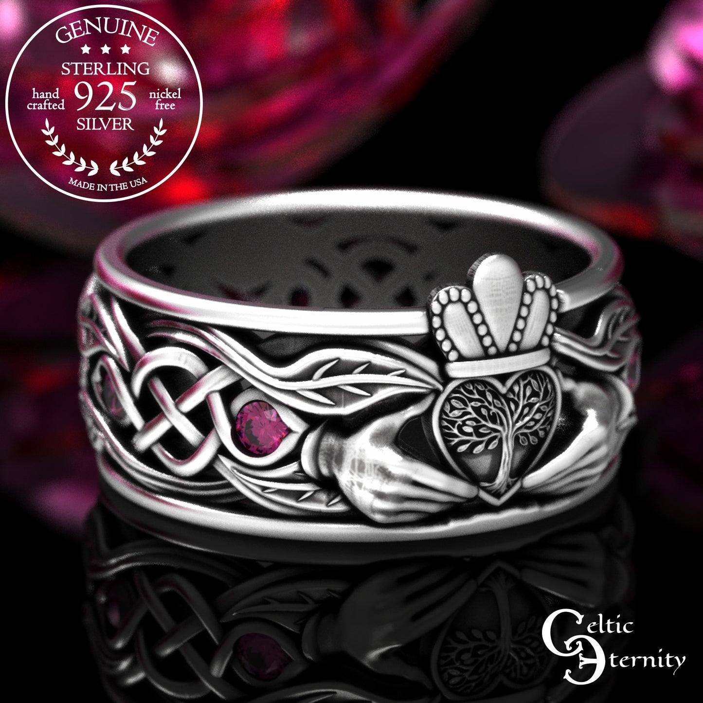 Sterling Men's Sapphire Tree Heart Claddagh Wedding Band, 2042