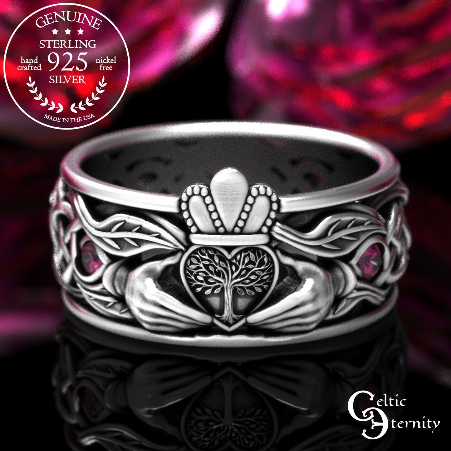 Sterling Men's Sapphire Tree Heart Claddagh Wedding Band, 2042