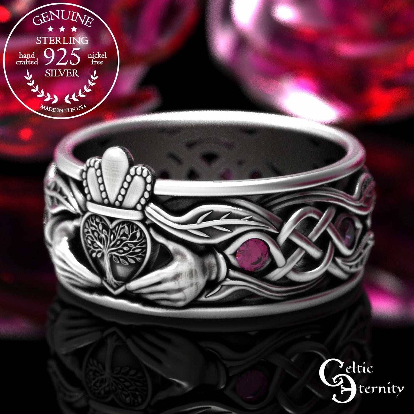 Sterling Men's Sapphire Tree Heart Claddagh Wedding Band, 2042