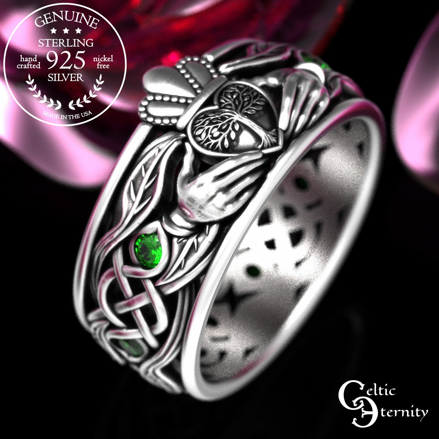 Sterling Men's Sapphire Tree Heart Claddagh Wedding Band, 2042