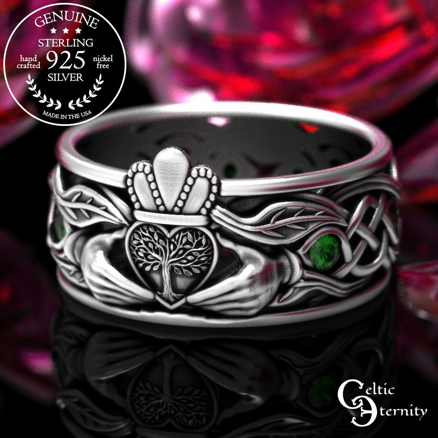 Sterling Men's Sapphire Tree Heart Claddagh Wedding Band, 2042