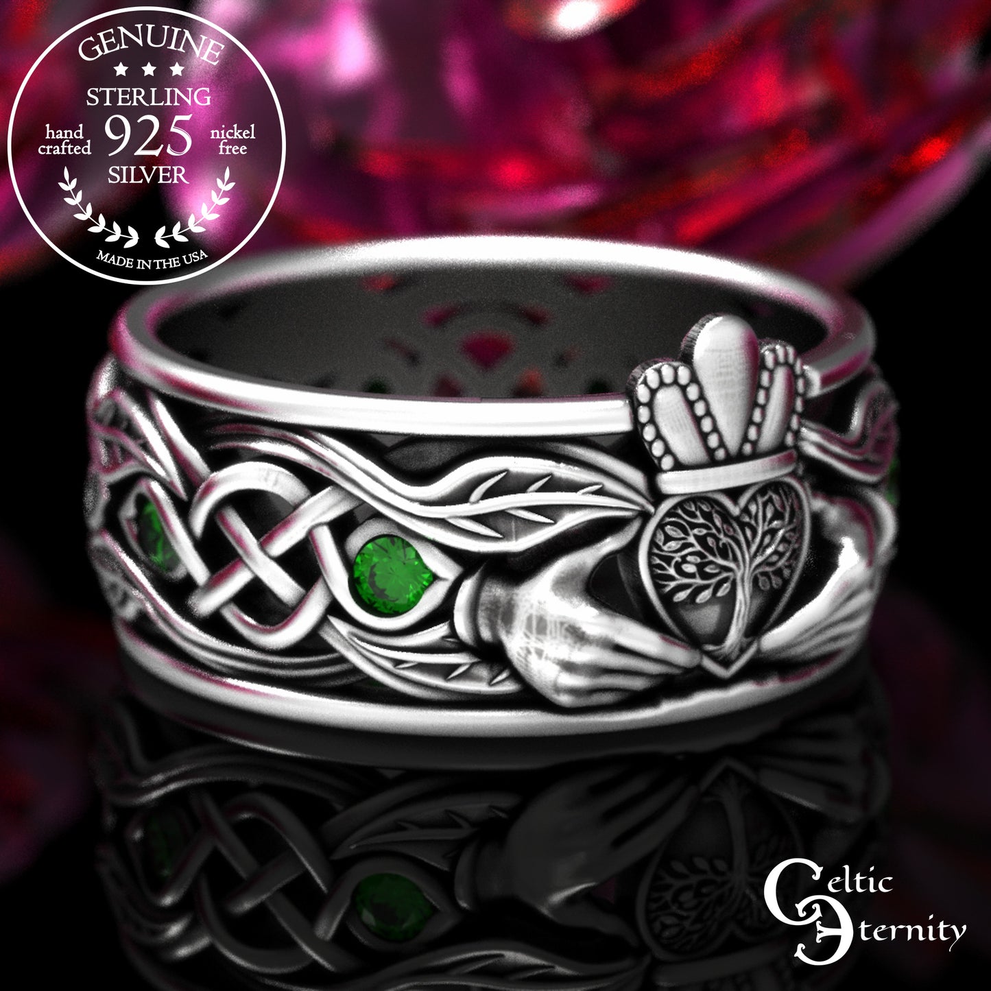 Sterling Men's Sapphire Tree Heart Claddagh Wedding Band, 2042