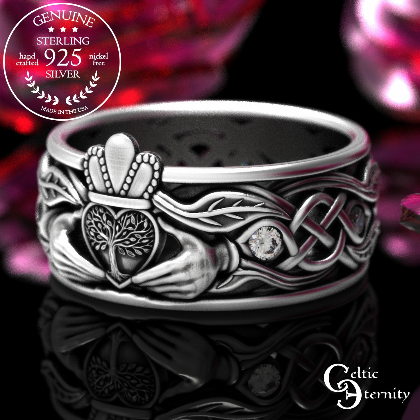 Sterling Men's Sapphire Tree Heart Claddagh Wedding Band, 2042