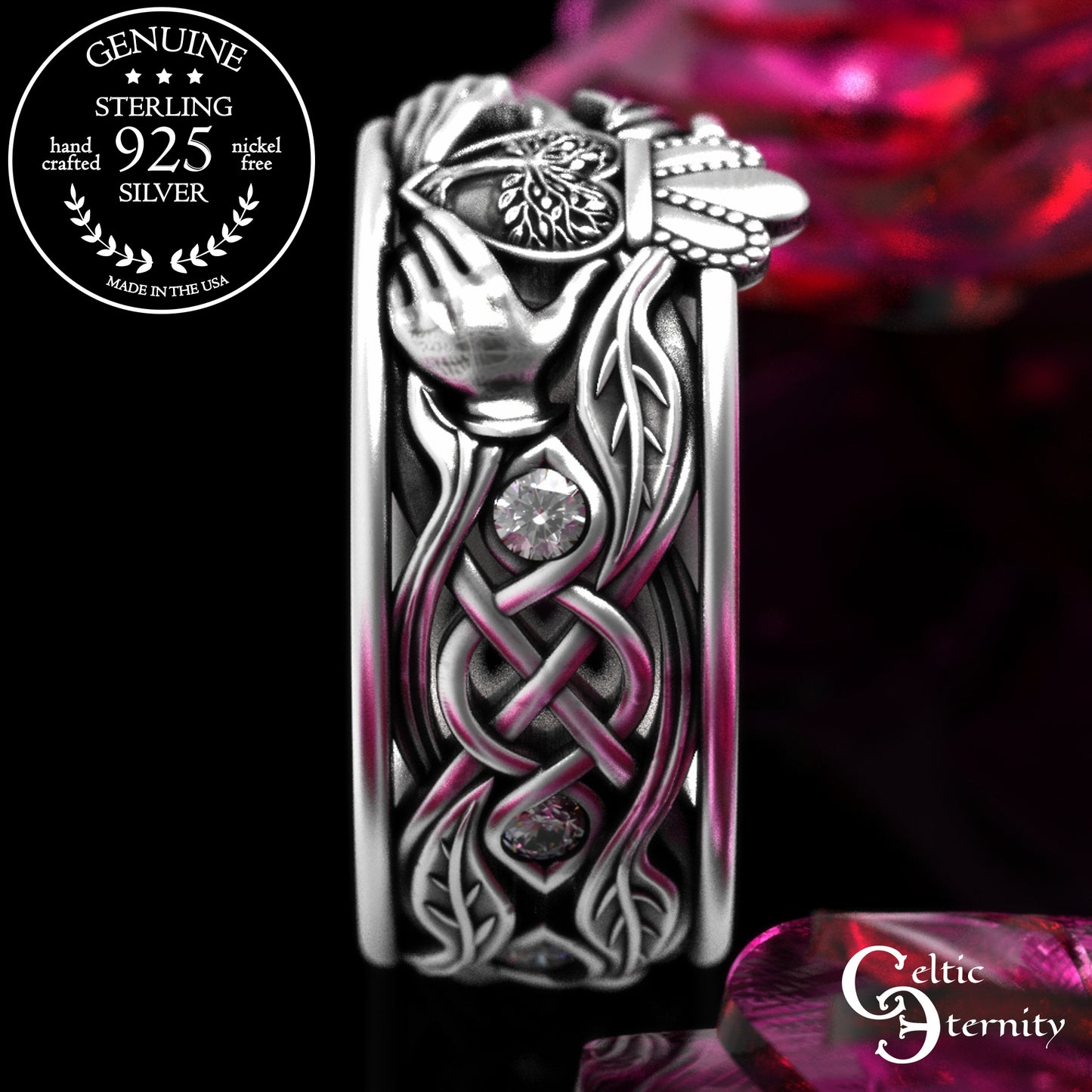 Sterling Men's Sapphire Tree Heart Claddagh Wedding Band, 2042