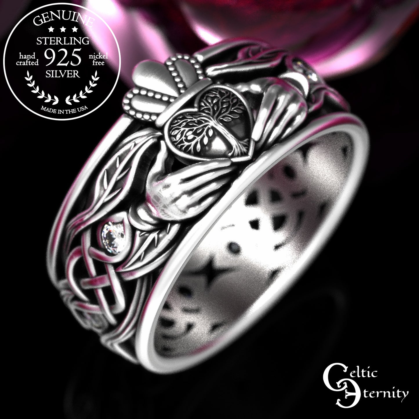 Sterling Men's Sapphire Tree Heart Claddagh Wedding Band, 2042