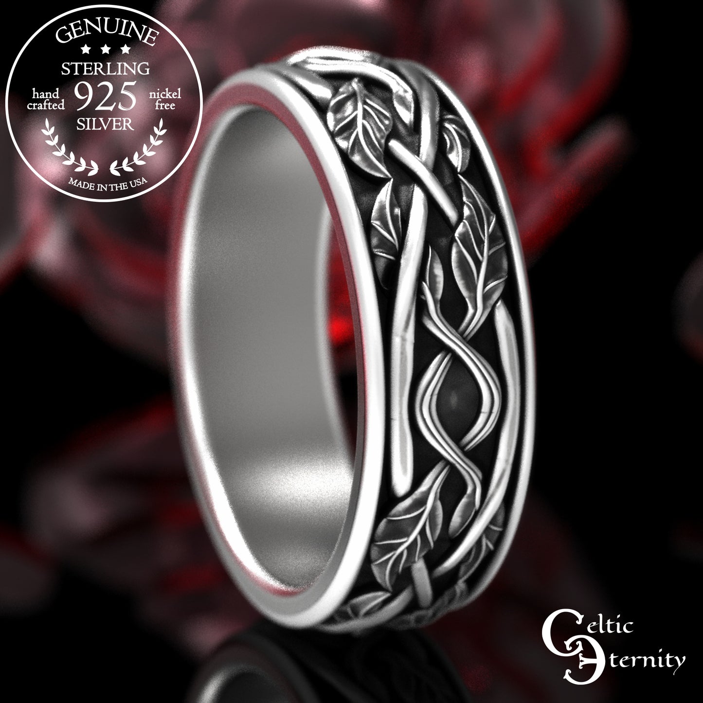 Men's Sterling Silver Celtic Forest Wedding Band, 2051