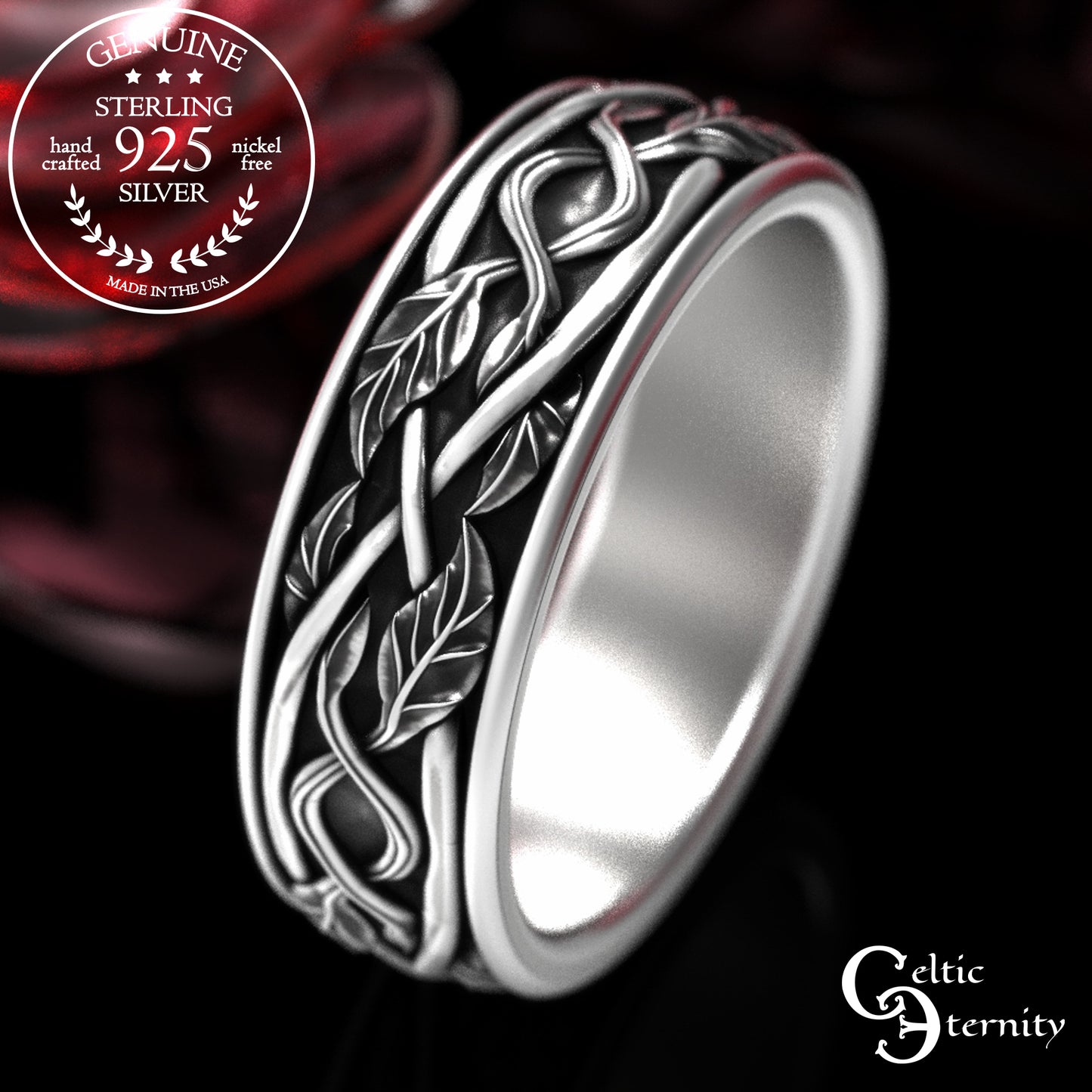Men's Sterling Silver Celtic Forest Wedding Band, 2051