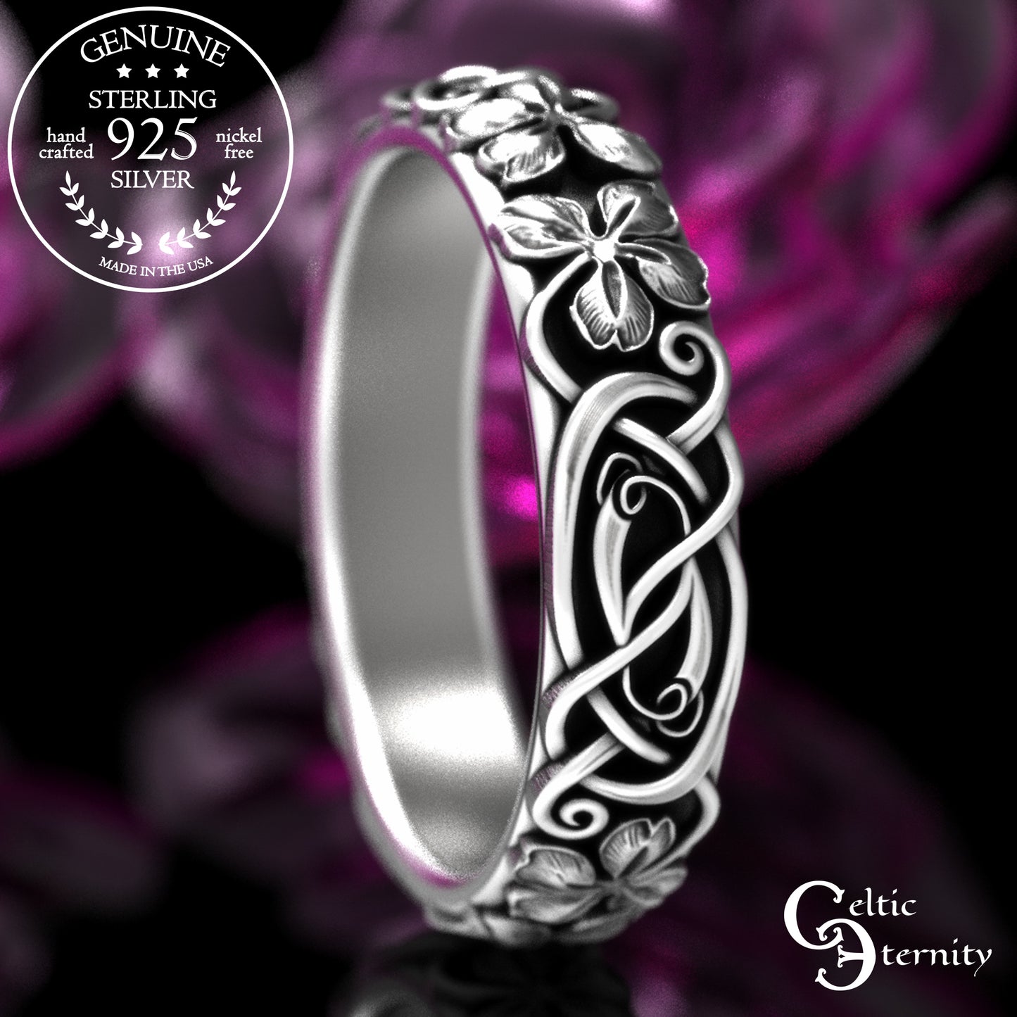 Women's Sterling Celtic Four-Leaf Clover Wedding Band, 2063