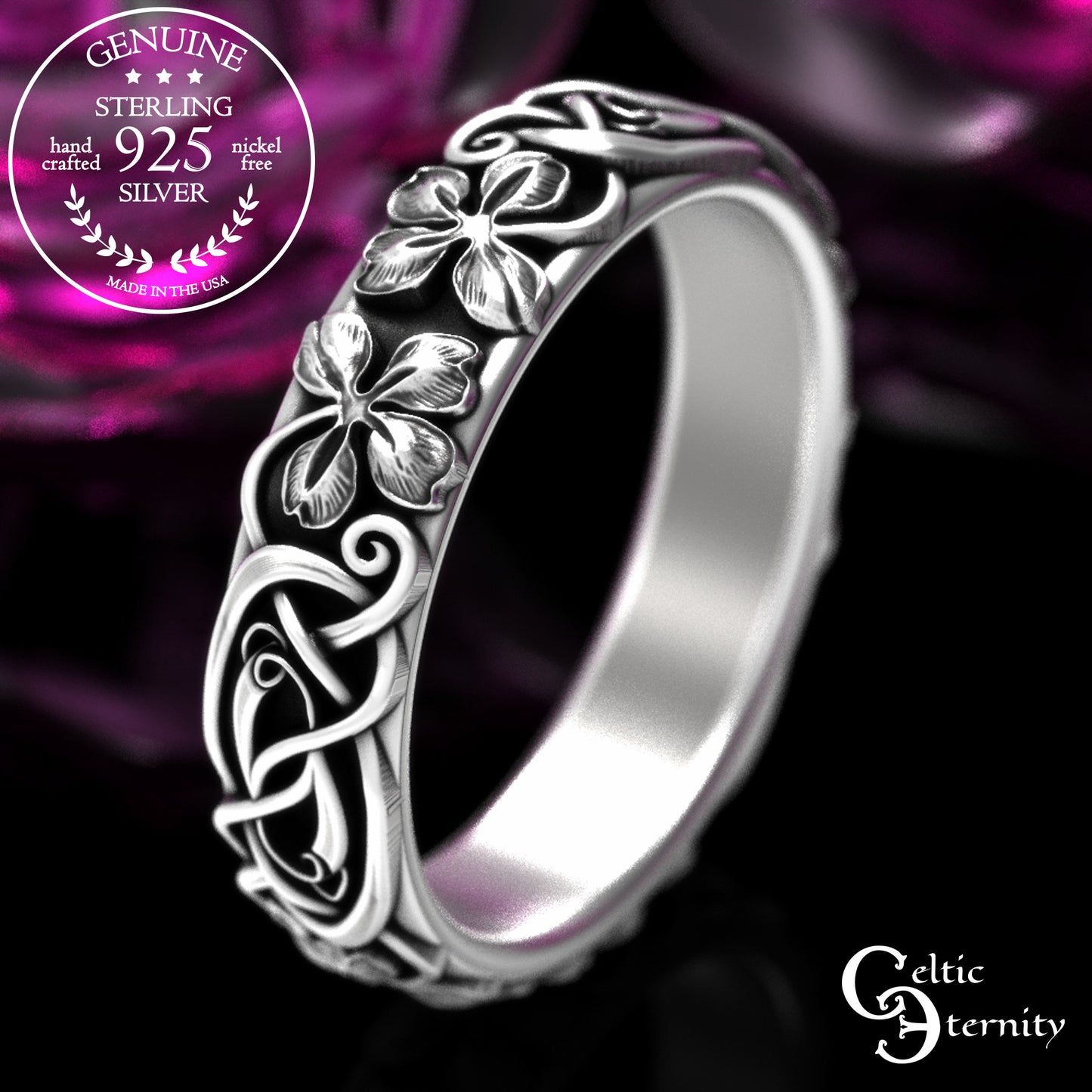 Women's Sterling Celtic Four-Leaf Clover Wedding Band, 2063